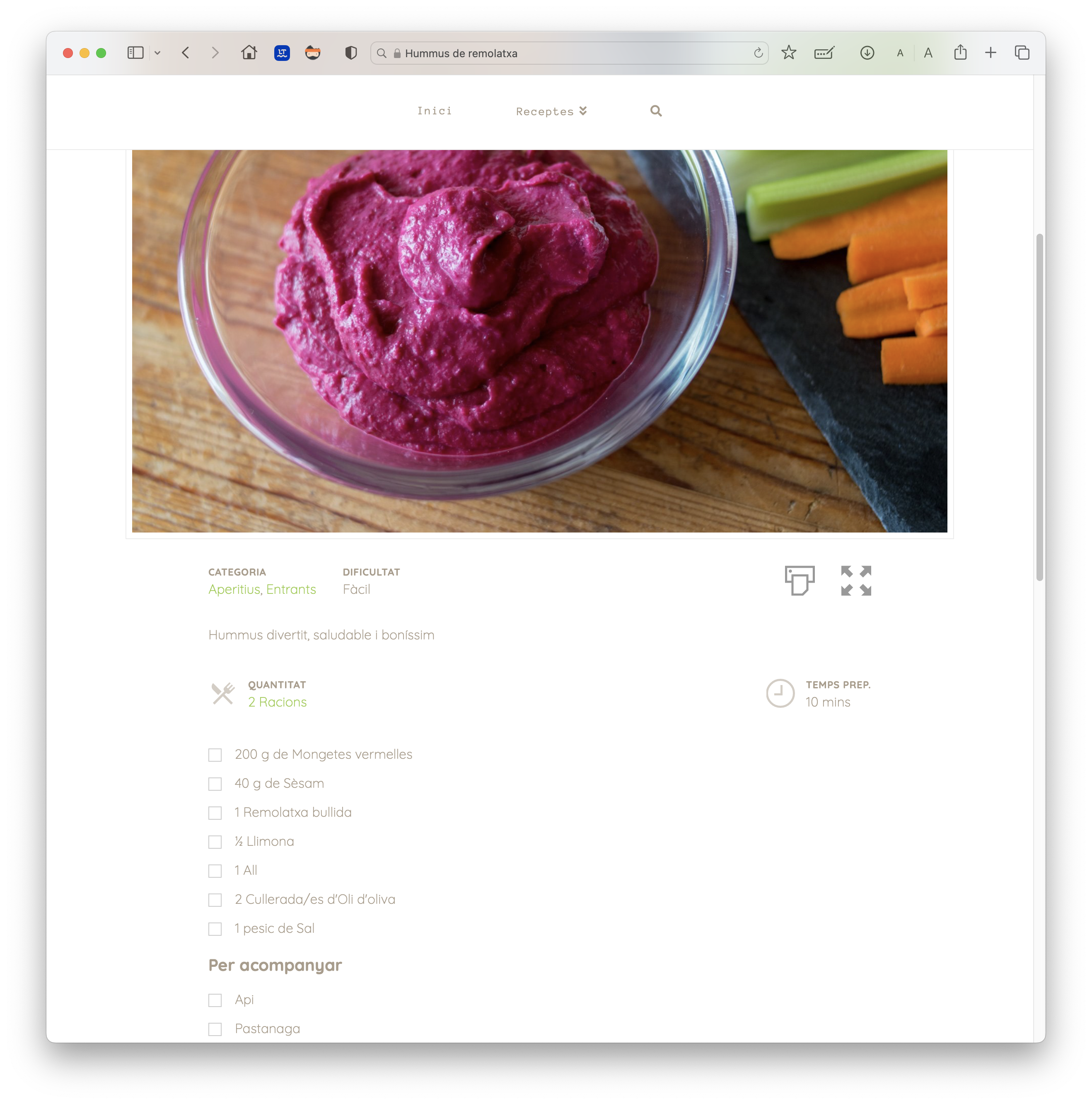 Pàgina de recepta d'hummus