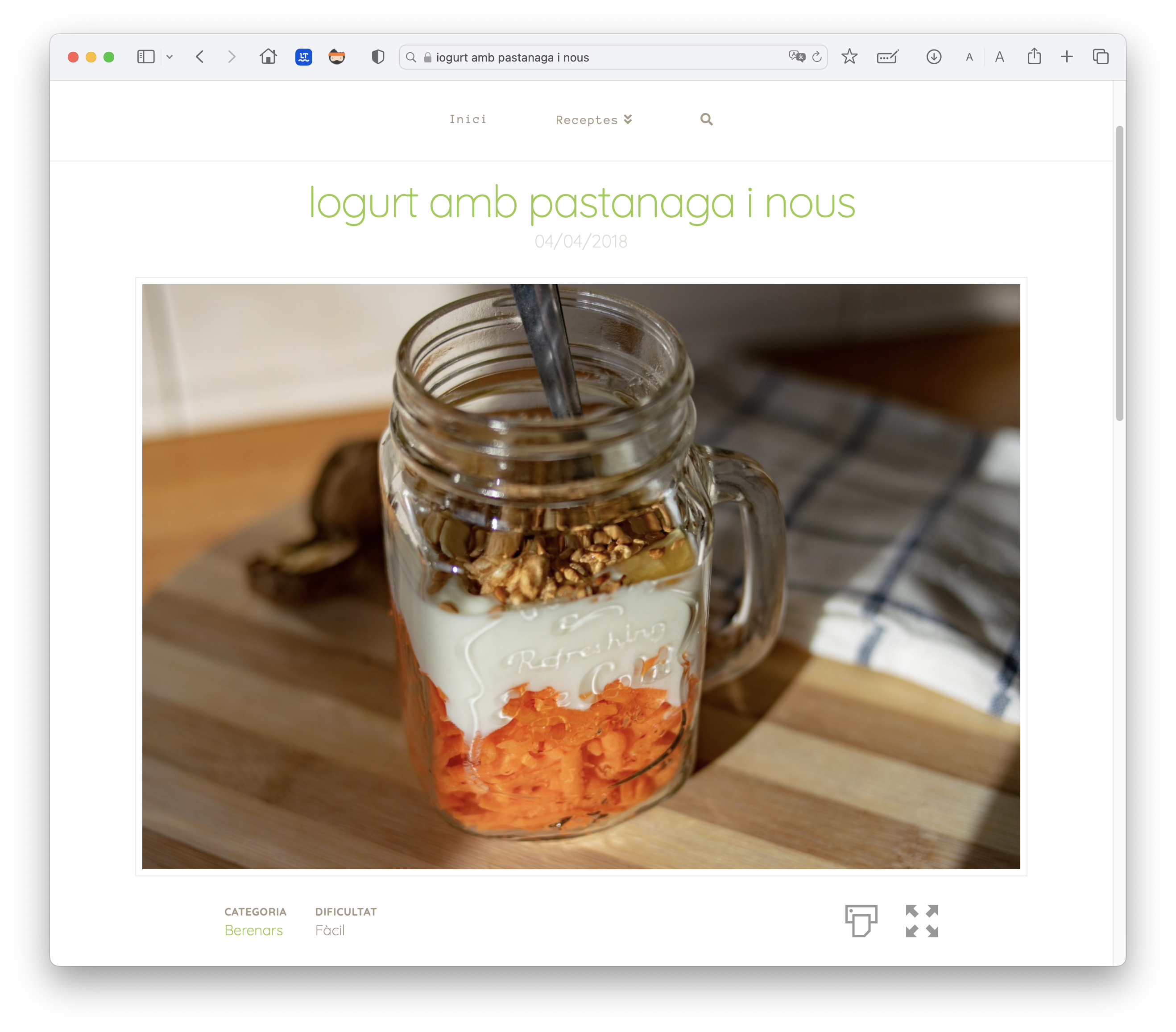 Pàgina de recepta de iogurt amb pastanaga